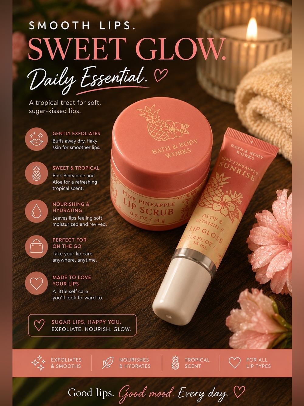 Bath & Body Works Peach Pineapple Sunrise lip scrub & Lip Gloss Set